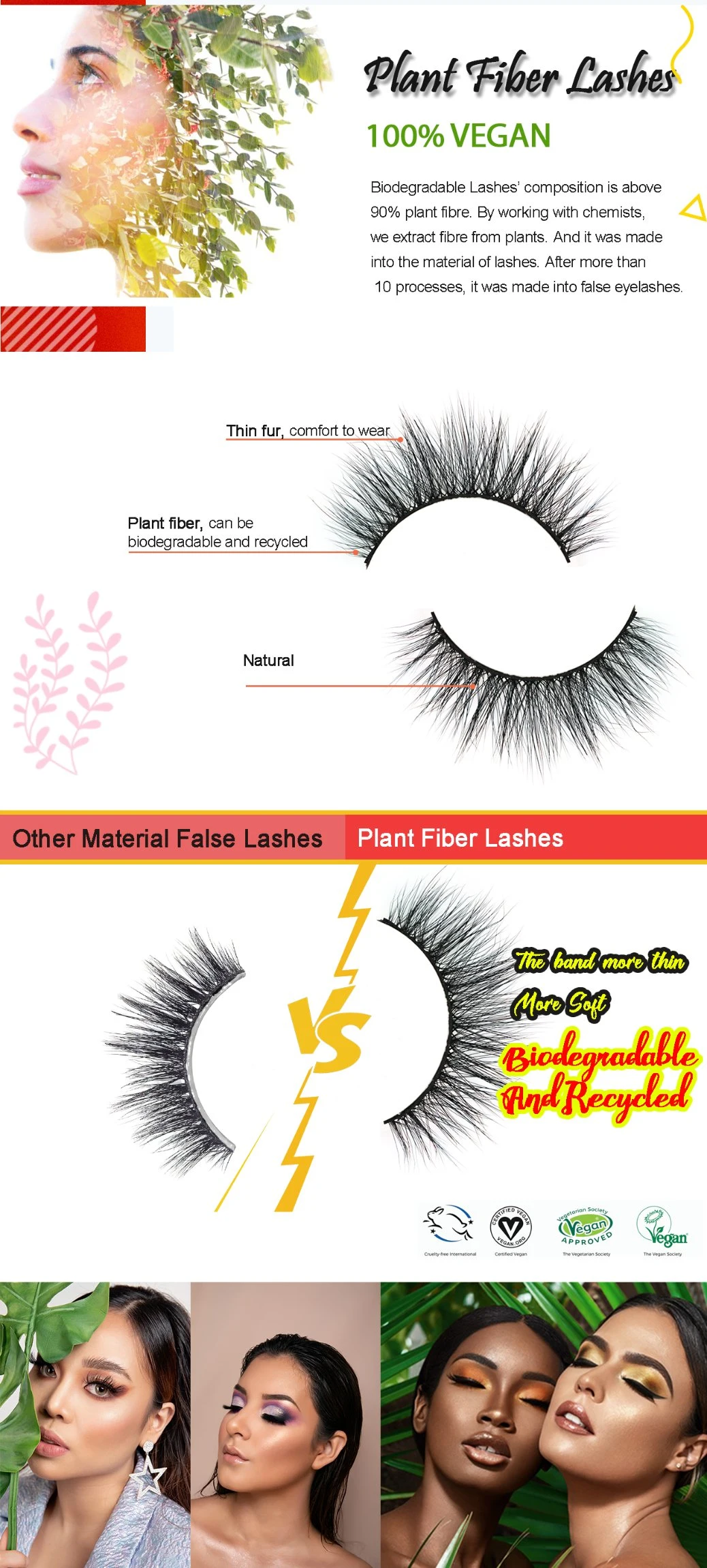 Wholesale Private Label Cruelty Free Eyelash Natural Look Hemp False Lashes Plant Fiber Eyelash with Custom Eyelash Packing